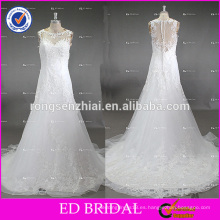 ED nupcial Factory por encargo encaje Appliqued una línea de tul blanco vestido de novia